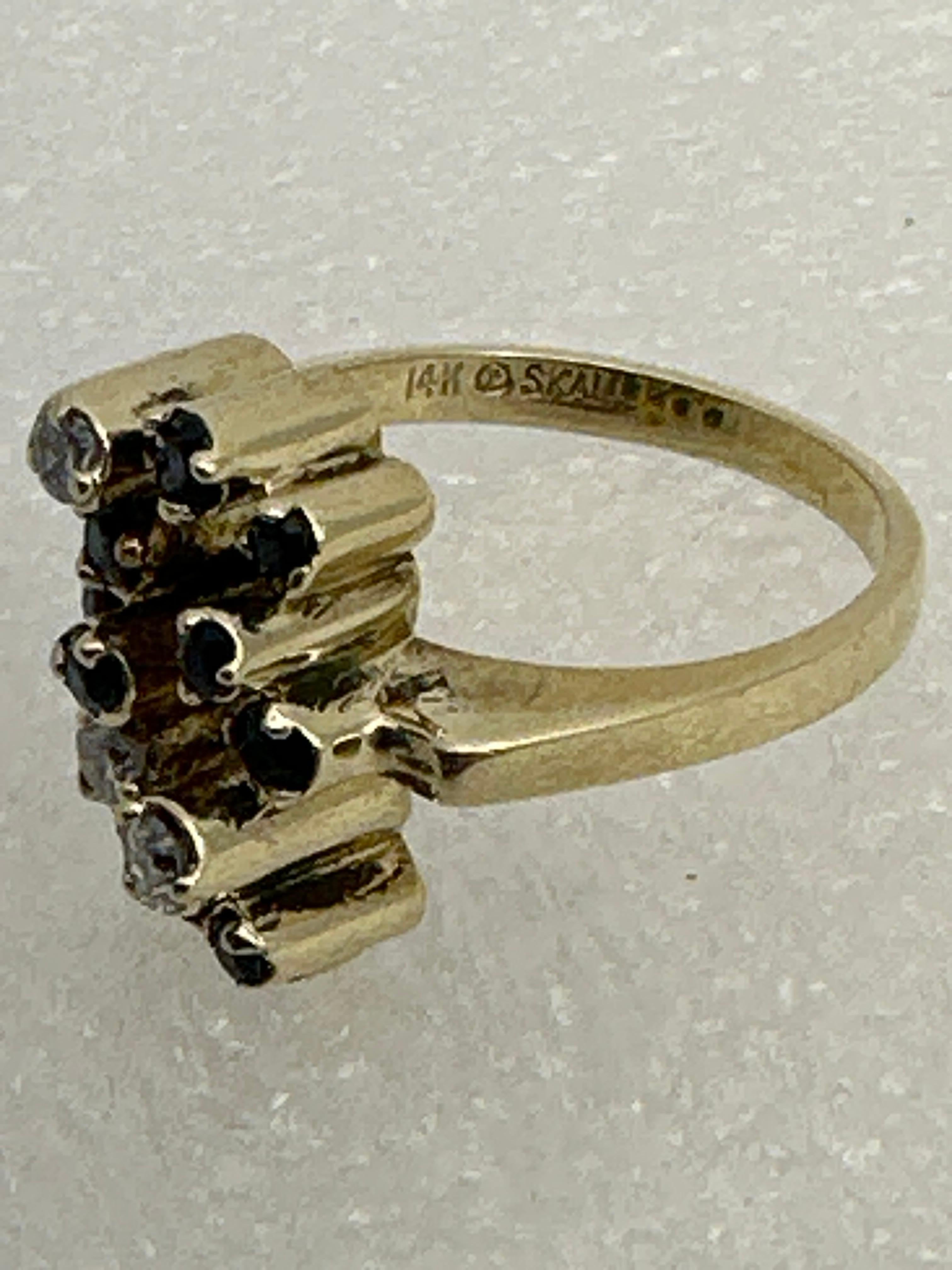 Modern 14k Yellow Gold ~ Round Sapphire and Diamond Ring ~ Size 6 1/4 For Sale