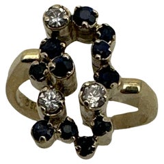 14k Yellow Gold ~ Round Sapphire and Diamond Ring ~ Size 6 1/4