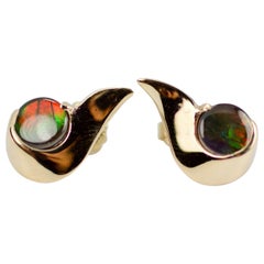 14 Karat Yellow Gold Round Shape Ammolite Earrings with Butterfly Backings