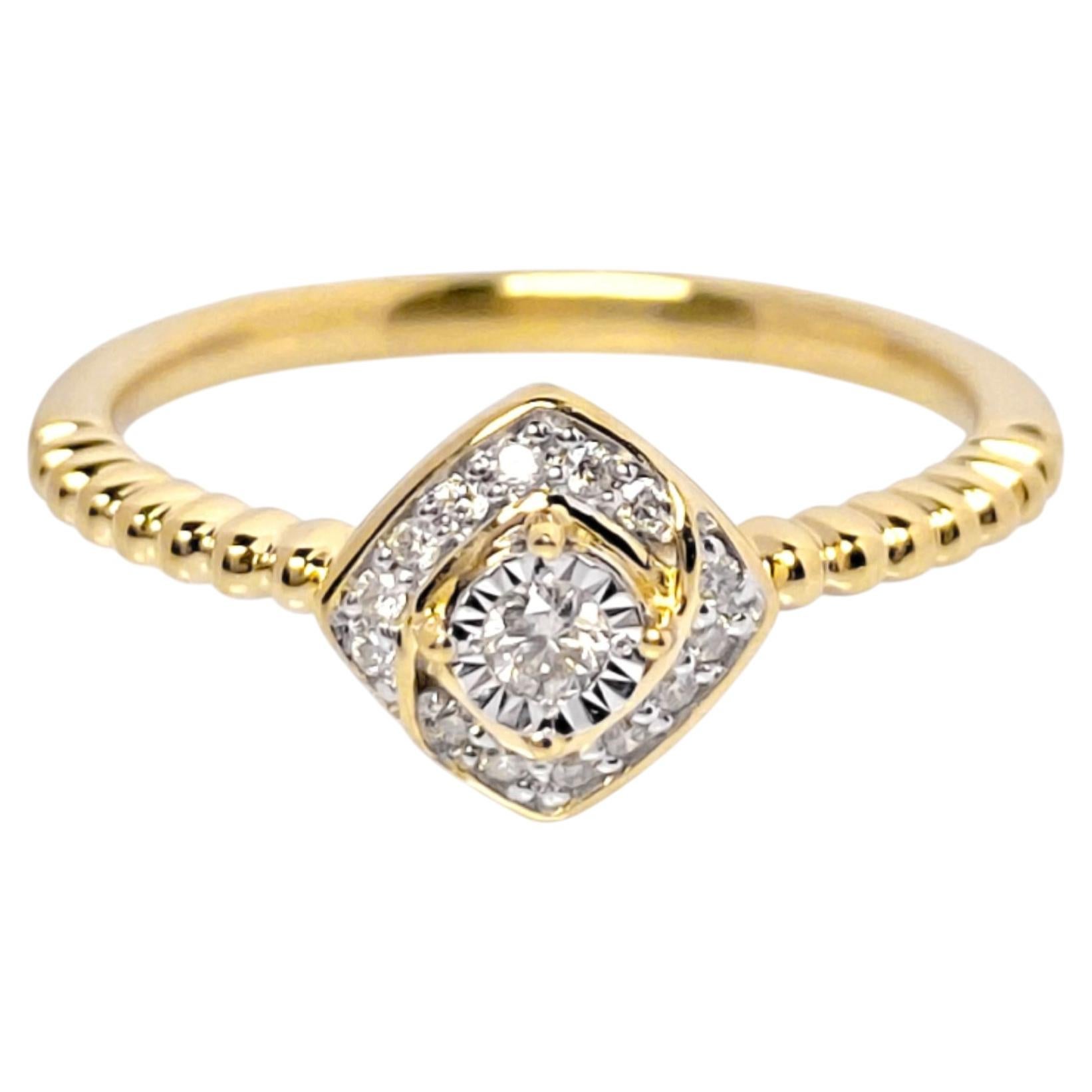 14K Yellow Gold Round Shaped Diamond Halo with Beaded Ring