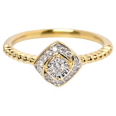14K Yellow Gold Round Shaped Diamond Halo with Beaded Ring