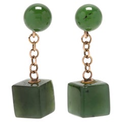 14 Karat Yellow Gold Round and Square Jade Dangle Earrings