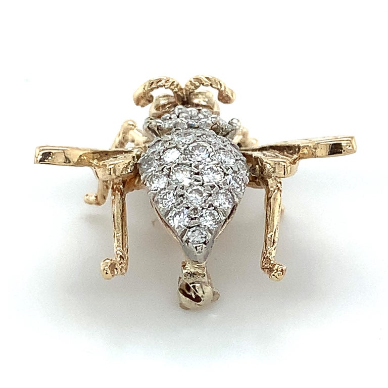 14k Yellow Gold Round White Diamond Fly / Bee Shaped Pin .75cttw For ...