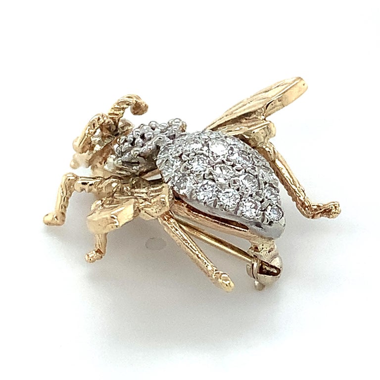 14k Yellow Gold Round White Diamond Fly / Bee Shaped Pin .75cttw For ...