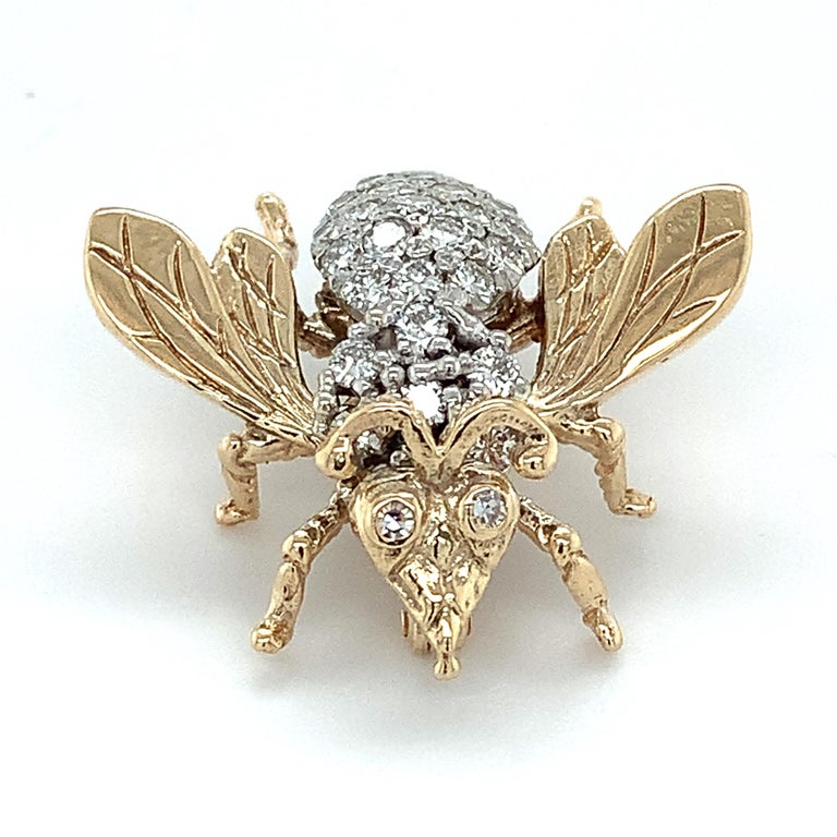 14k Yellow Gold Round White Diamond Fly / Bee Shaped Pin .75cttw For ...