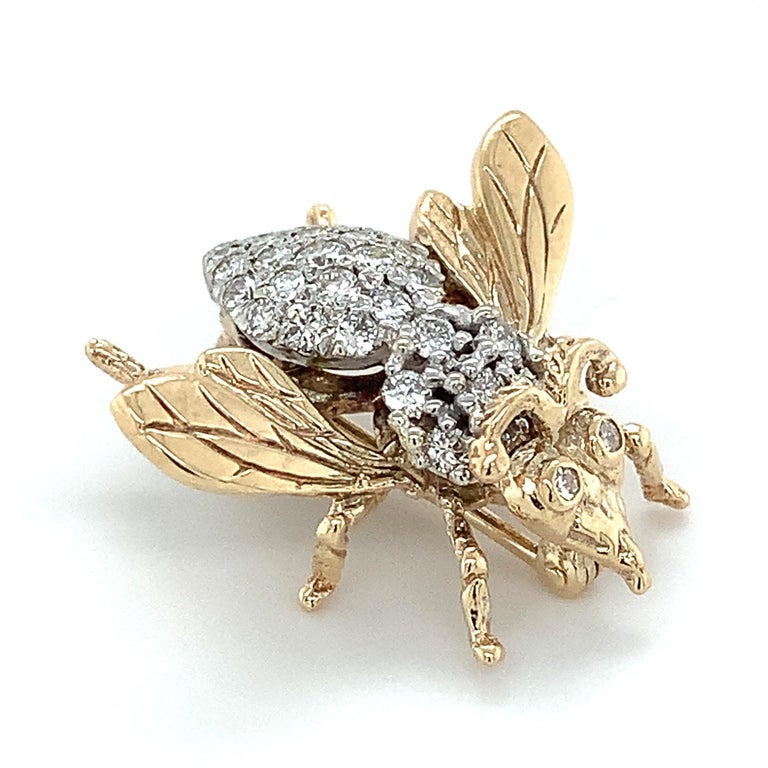 14k Yellow Gold Round White Diamond Fly / Bee Shaped Pin .75cttw For ...
