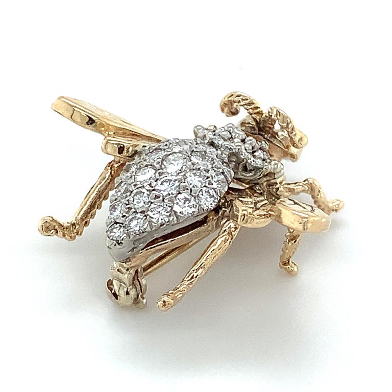 14k Yellow Gold Round White Diamond Fly / Bee Shaped Pin .75cttw For ...