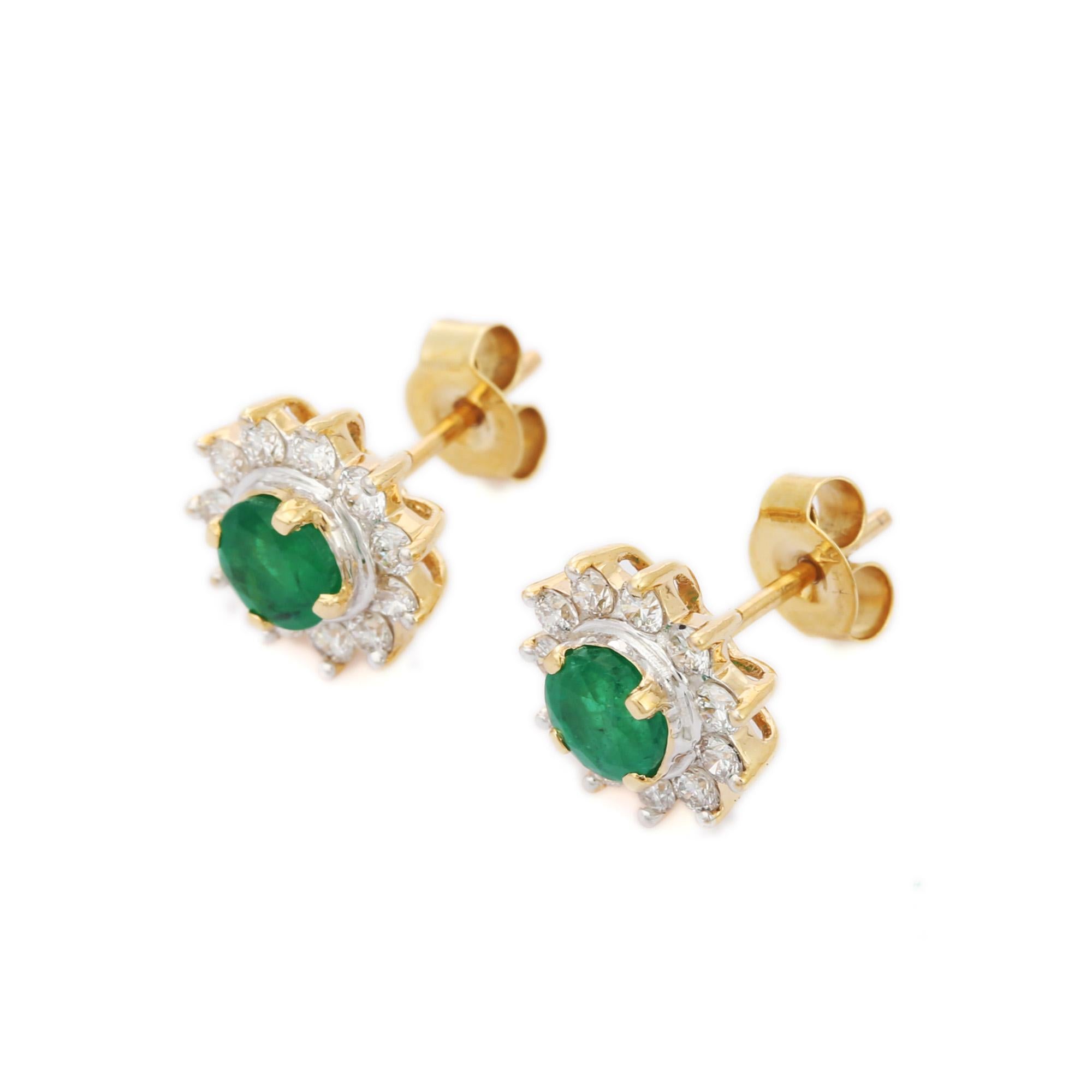 Earrings create a subtle beauty while showcasing the colors of the natural precious gemstones and illuminating diamonds making a statement.

Round cut Emerald Stud earrings in 18K gold. Embrace your look with these stunning pair of earrings suitable