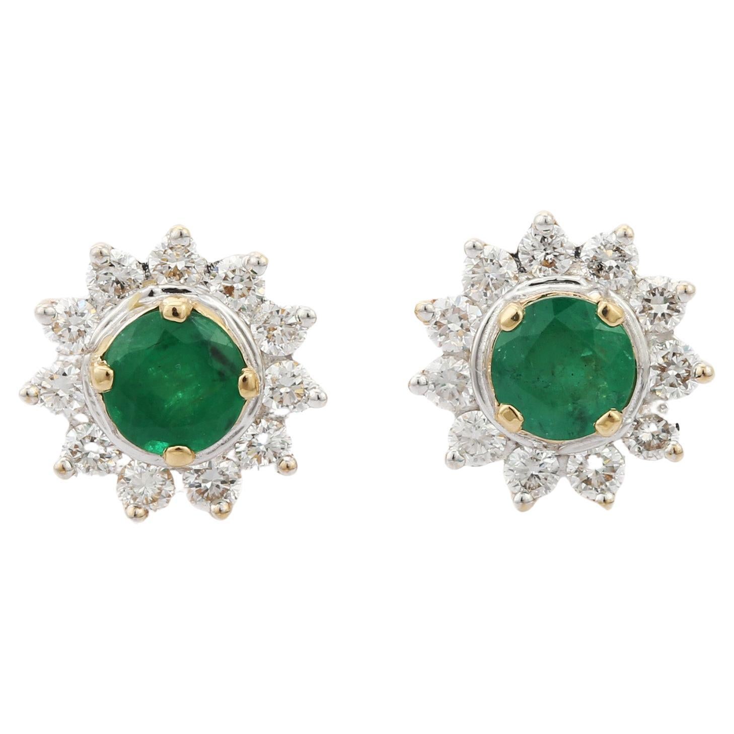 14K Yellow Gold Royal Green Emerald and Diamond Stud Earrings for Wedding For Sale