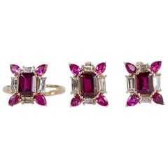 14 Karat Yellow Gold Rubellite and Diamond Jewelry Suite