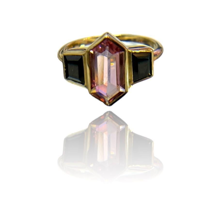 Modern 14K Yellow Gold Rubellite Tourmaline Black Spinel Ring For Sale