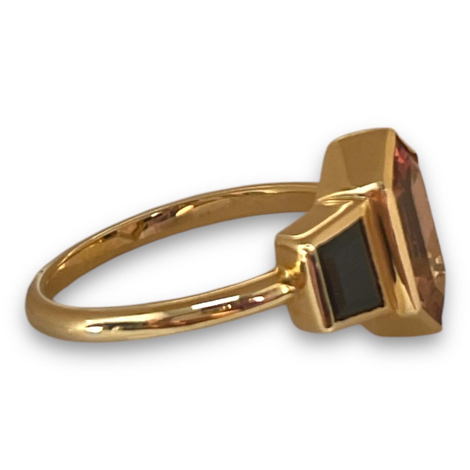 Hexagon Cut 14K Yellow Gold Rubellite Tourmaline Black Spinel Ring For Sale