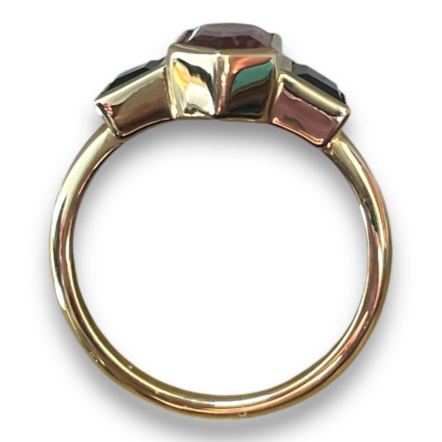 Women's or Men's 14K Yellow Gold Rubellite Tourmaline Black Spinel Ring For Sale