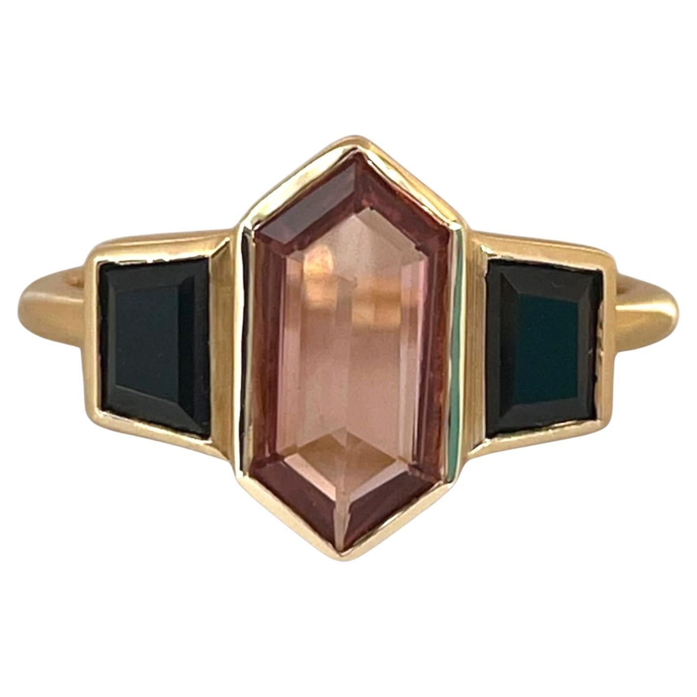 14K Yellow Gold Rubellite Tourmaline Black Spinel Ring