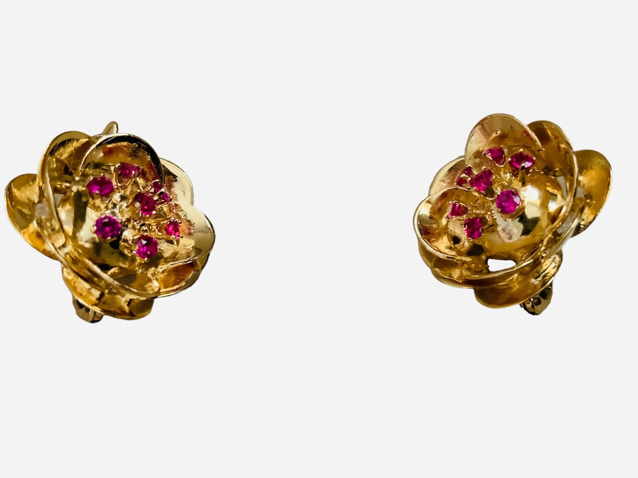 Art Nouveau 14k Yellow Gold Rubies Pair of Earrings For Sale