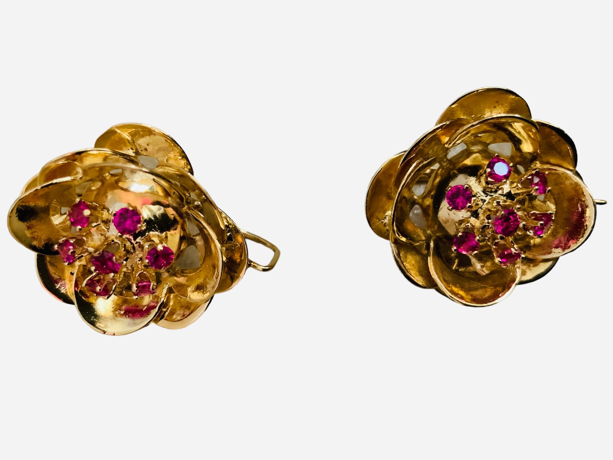 Single Cut 14k Yellow Gold Rubies Pair of Earrings For Sale
