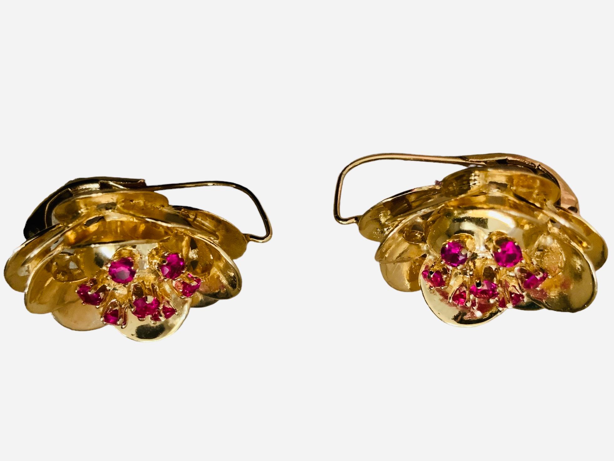 Women's 14k Yellow Gold Rubies Pair of Earrings For Sale