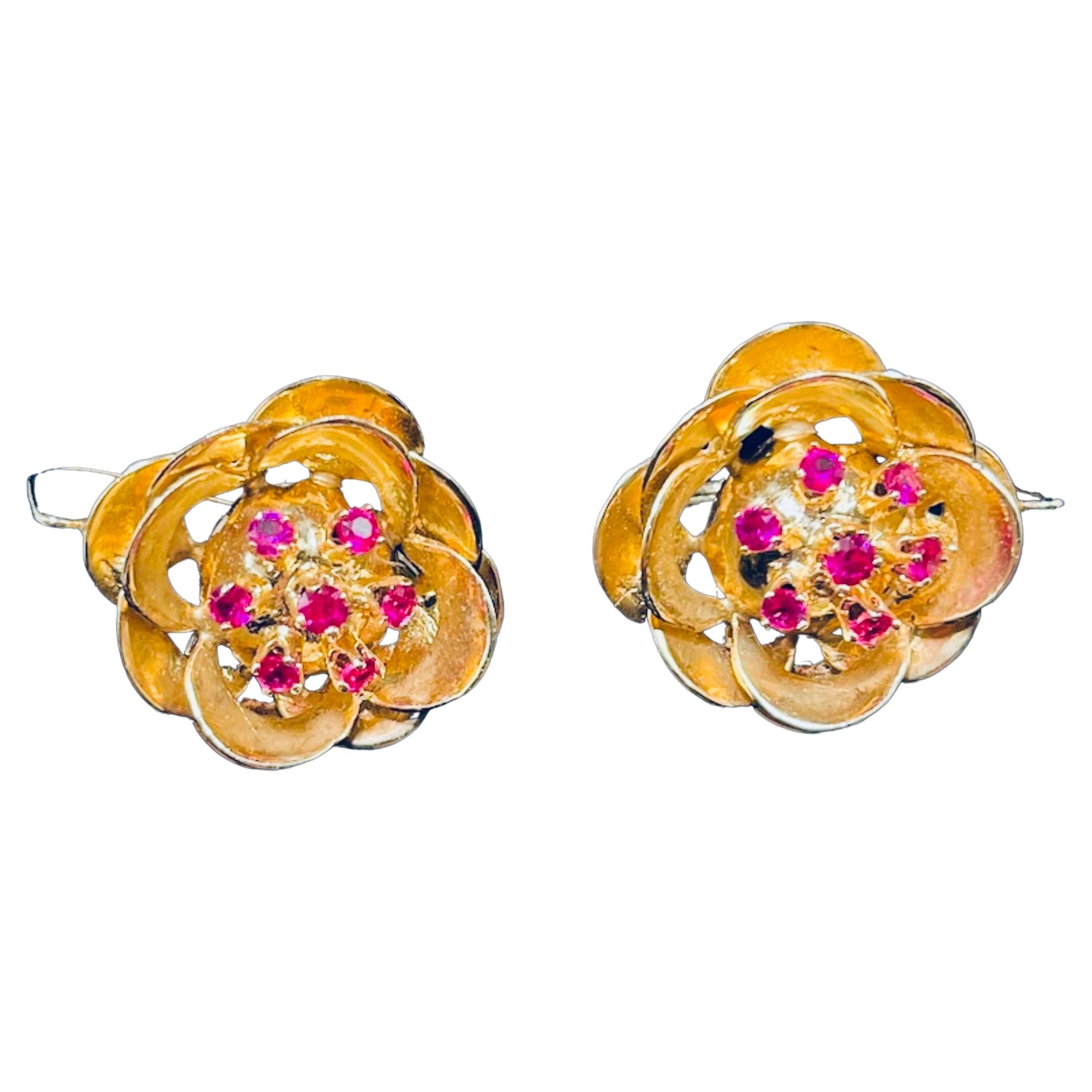 14k Yellow Gold Rubies Pair of Earrings For Sale