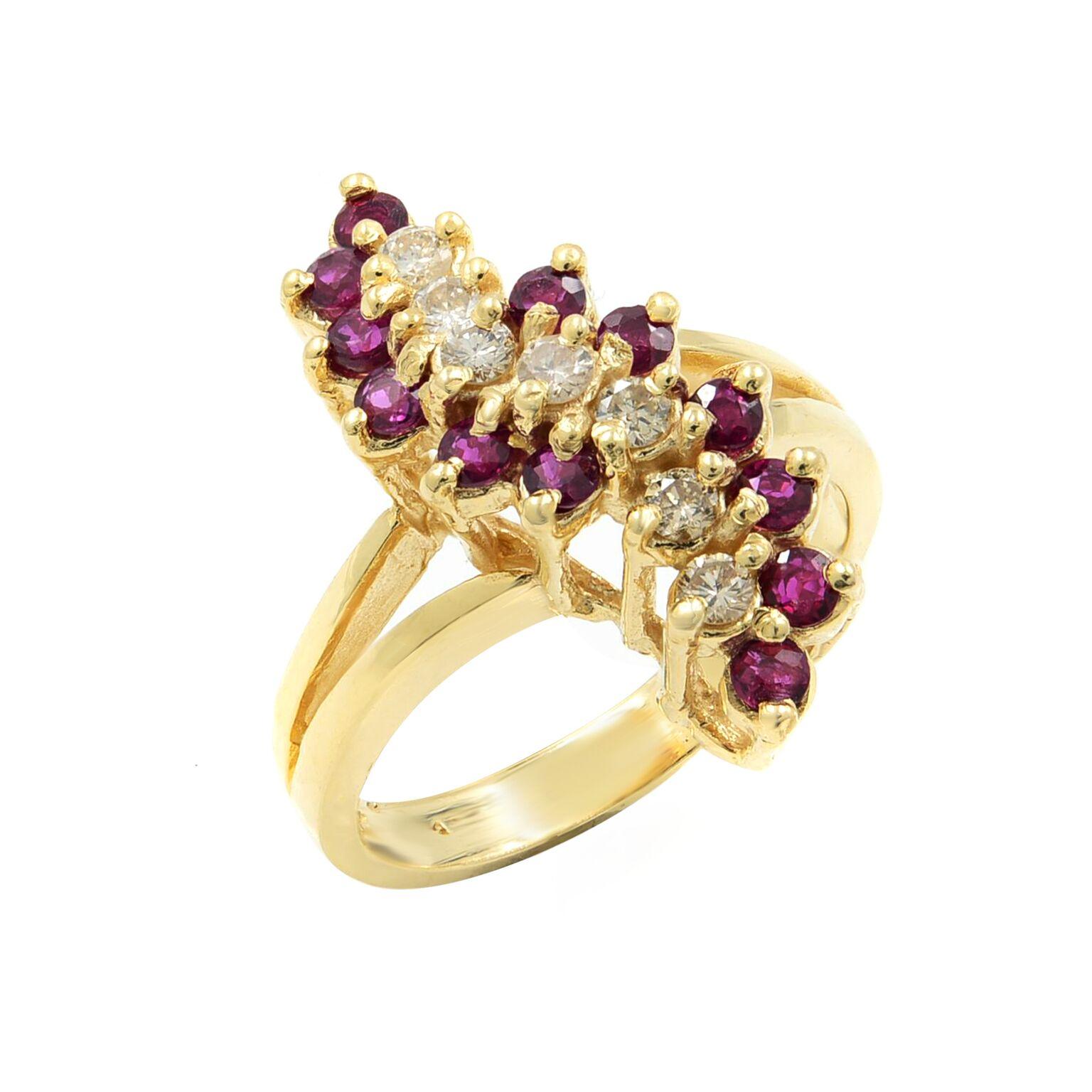 Diamonds and rubies together weighing .80 carat, join forces to create a fabulous flash in this retro era dazzler hand fabricated in rich 14K yellow gold - circa 1980. Currently ring size 6.
Ring length: 20mm. 