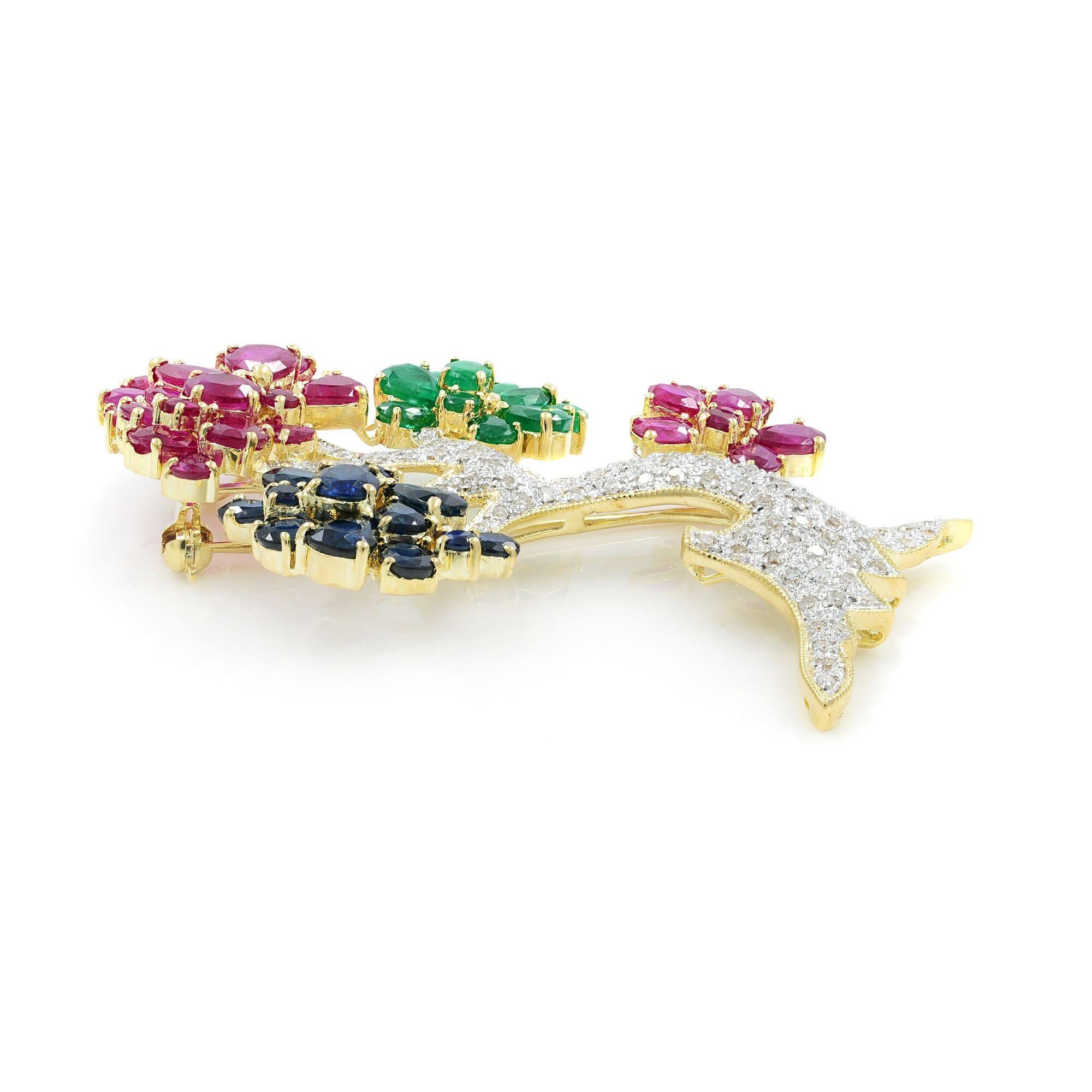 Round Cut 14K Yellow Gold Ruby 12.4cttw Diamond 0.60cttw Emerald Sapphire Tree Brooch For Sale