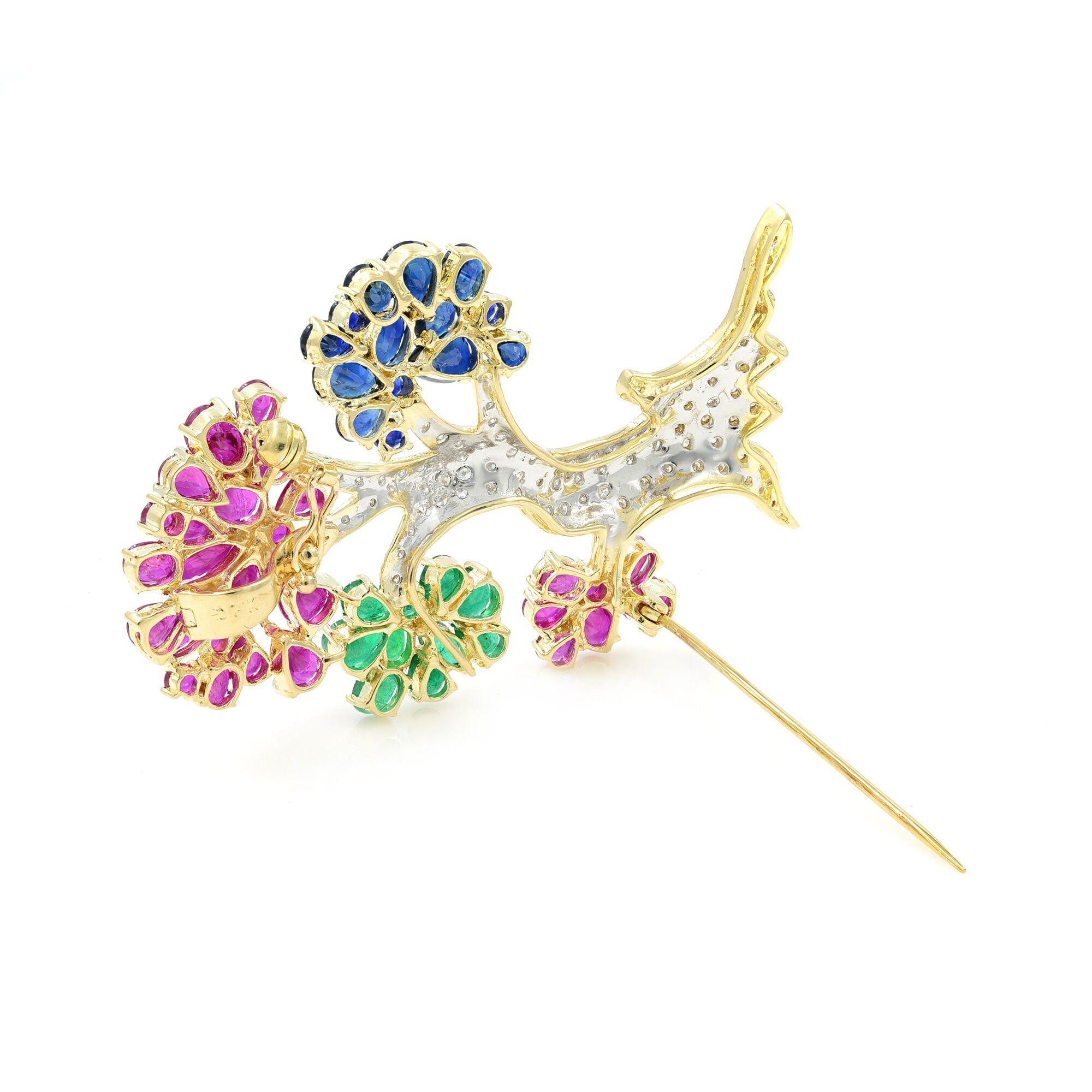 14K Yellow Gold Ruby 12.4cttw Diamond 0.60cttw Emerald Sapphire Tree Brooch In Excellent Condition For Sale In New York, NY