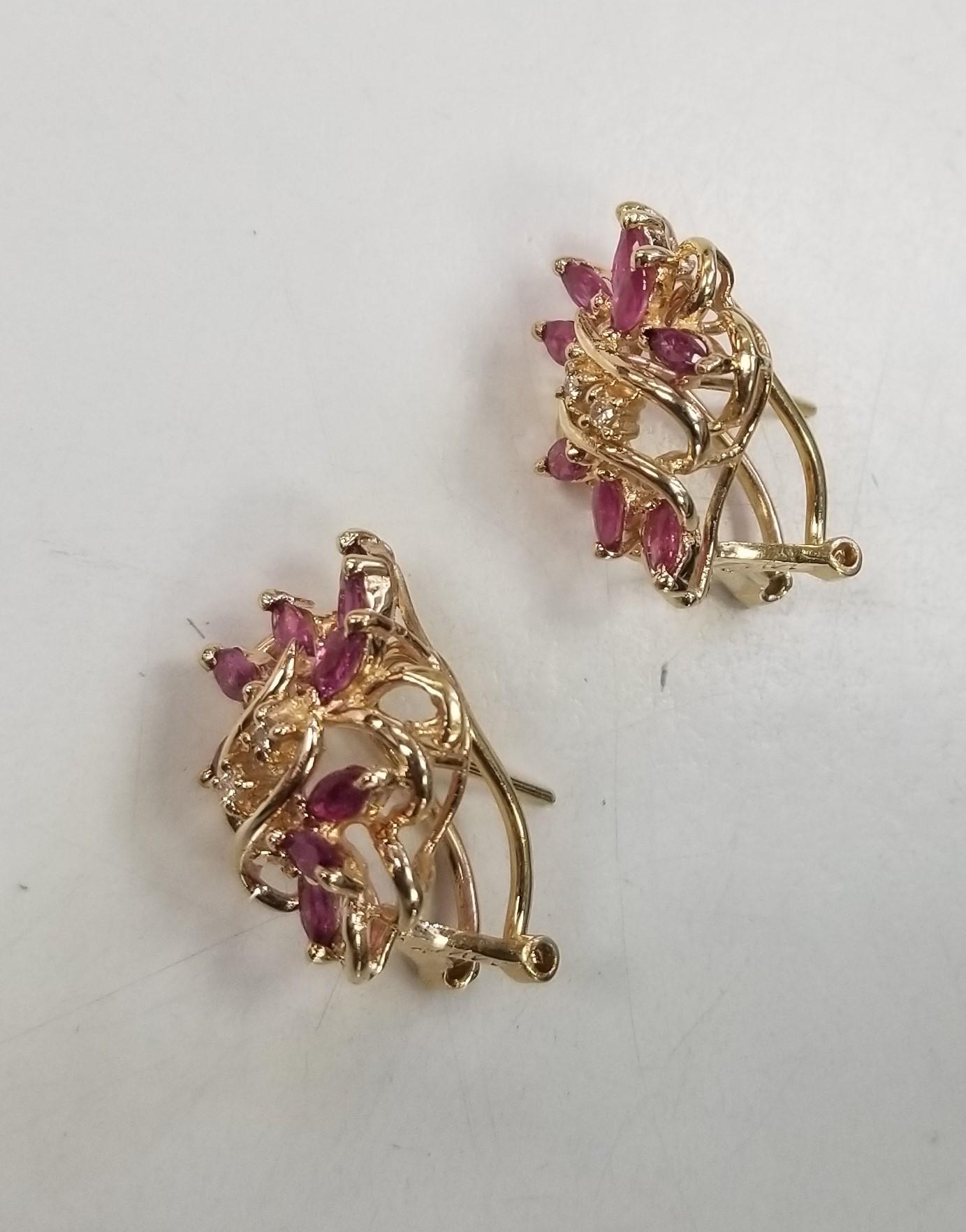 Contemporary 14k Yellow Gold Ruby and Diamond Cluster Earrings For Sale