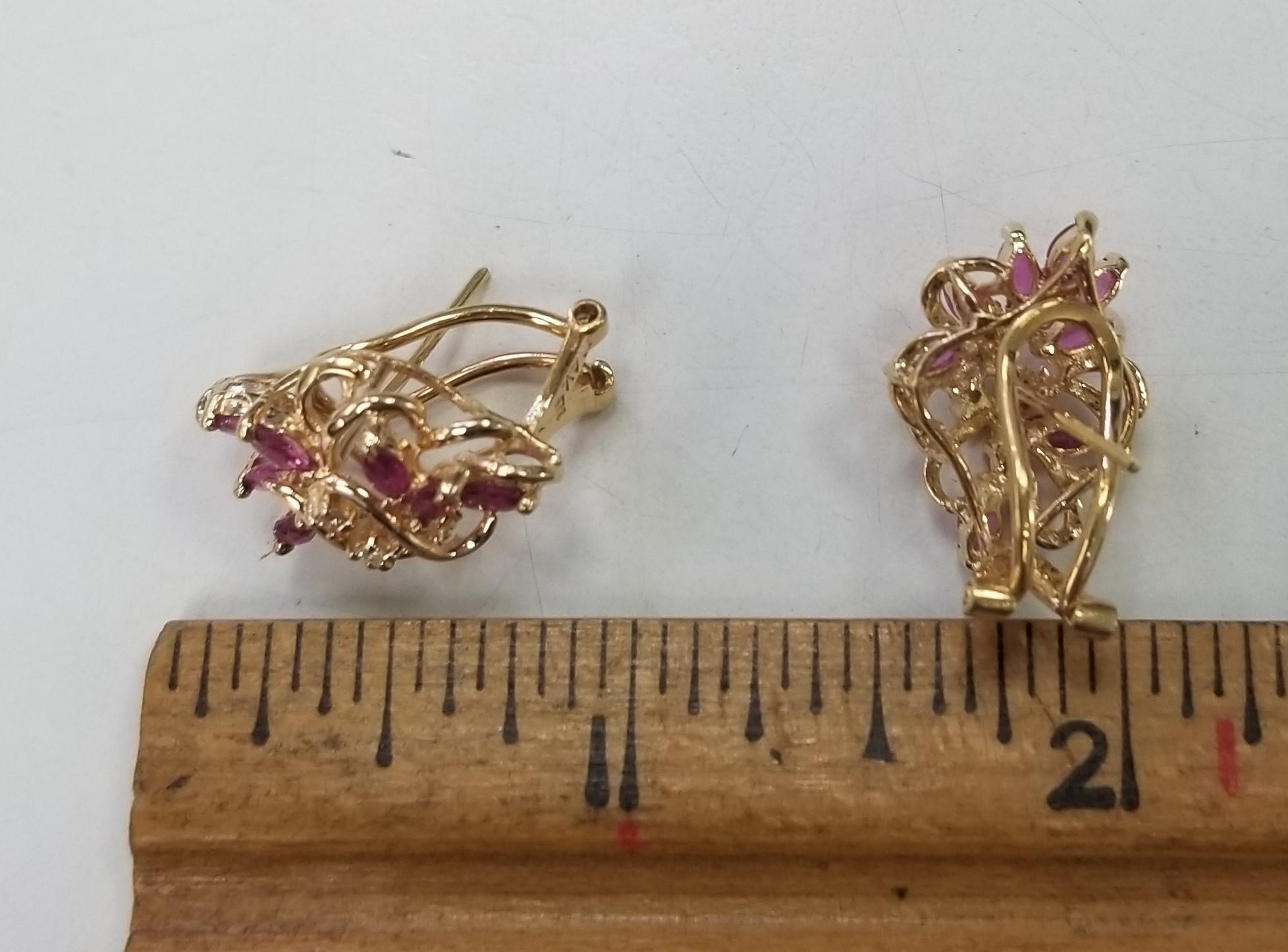 Marquise Cut 14k Yellow Gold Ruby and Diamond Cluster Earrings For Sale