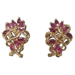 14k Yellow Gold Ruby and Diamond Cluster Earrings