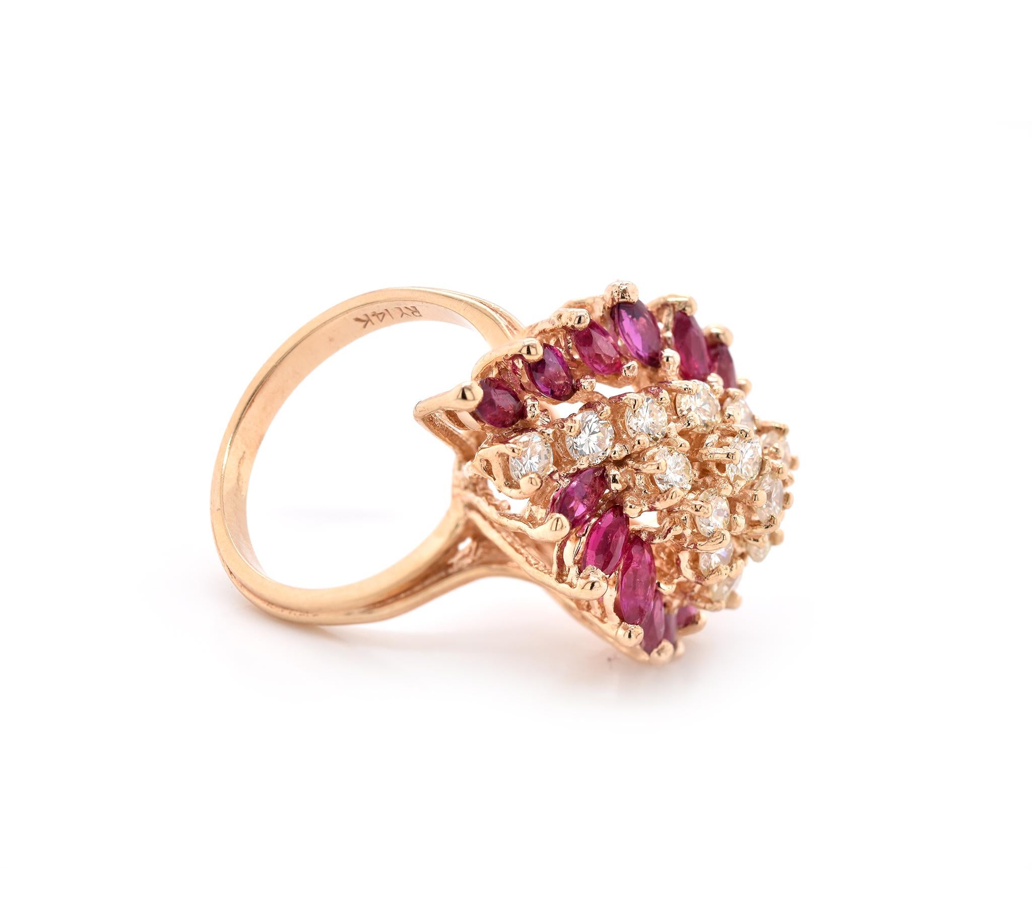 Designer: custom design
Material: 14k yellow gold
Gemstones: Ruby
Diamonds: 17 round brilliant cuts = 1.36cttw
Color: H-I
Clarity: VS2
Ring Size: 6 ¼ (please allow two additional shipping days for sizing requests)
Dimensions: ring top measures