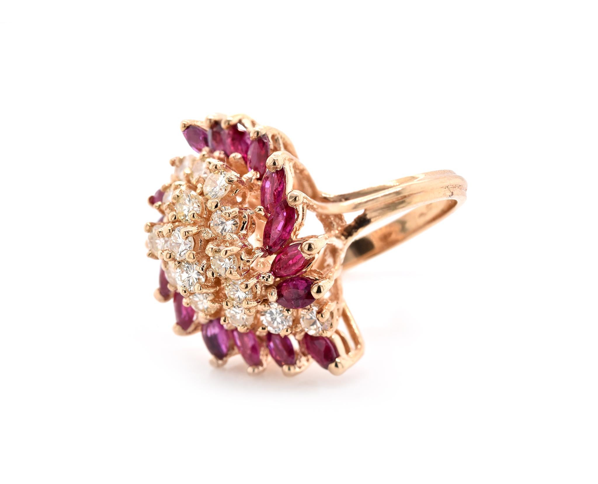 Round Cut 14 Karat Yellow Gold Ruby and Diamond Cluster Ring