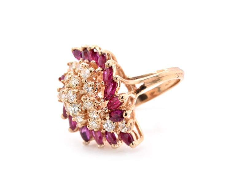 14 Karat Yellow Gold Ruby and Diamond Cluster Ring For Sale at 1stDibs