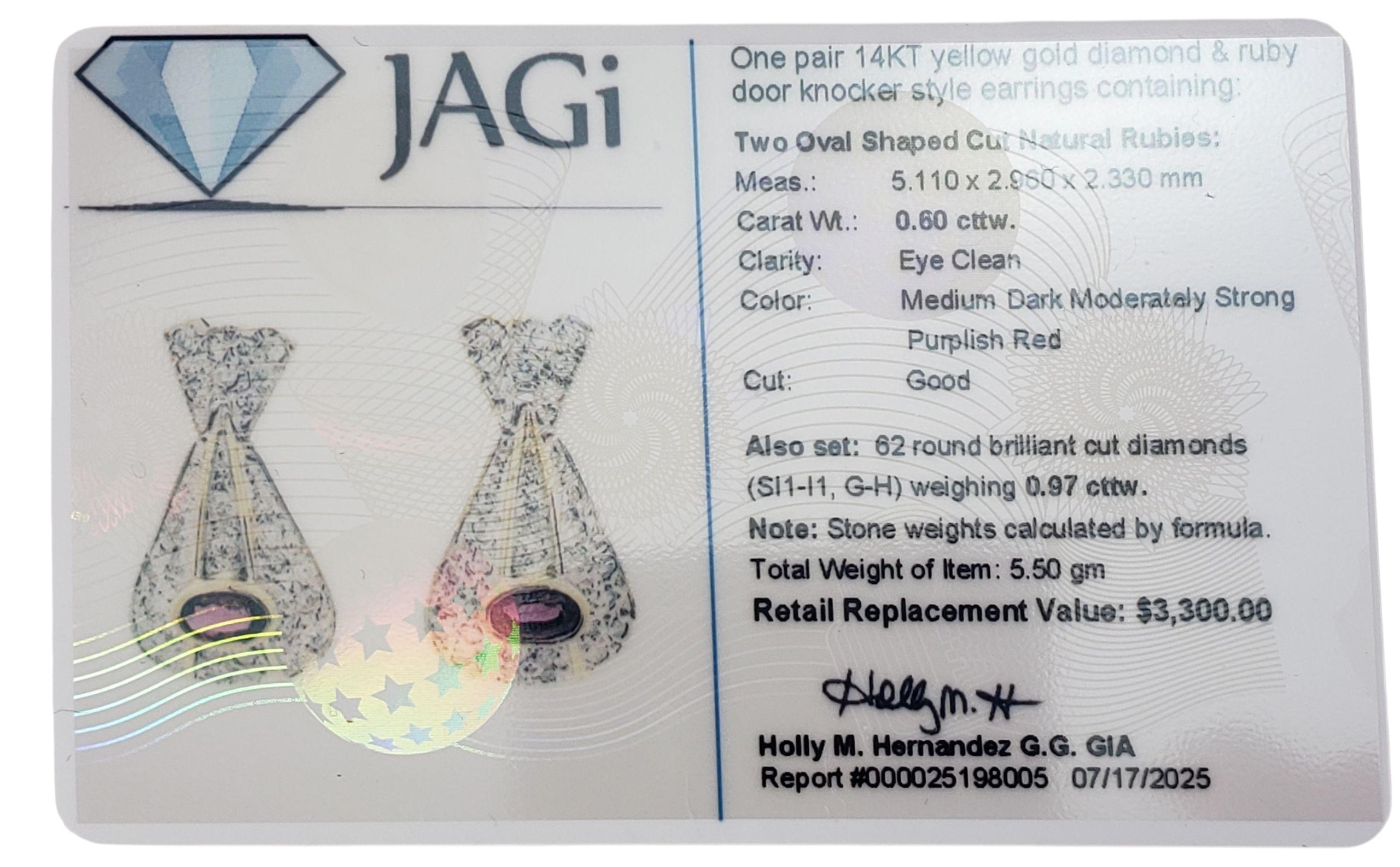 14K Yellow Gold Ruby and Diamond Door Knocker Earrings JAGi Certified  #22682 For Sale 3