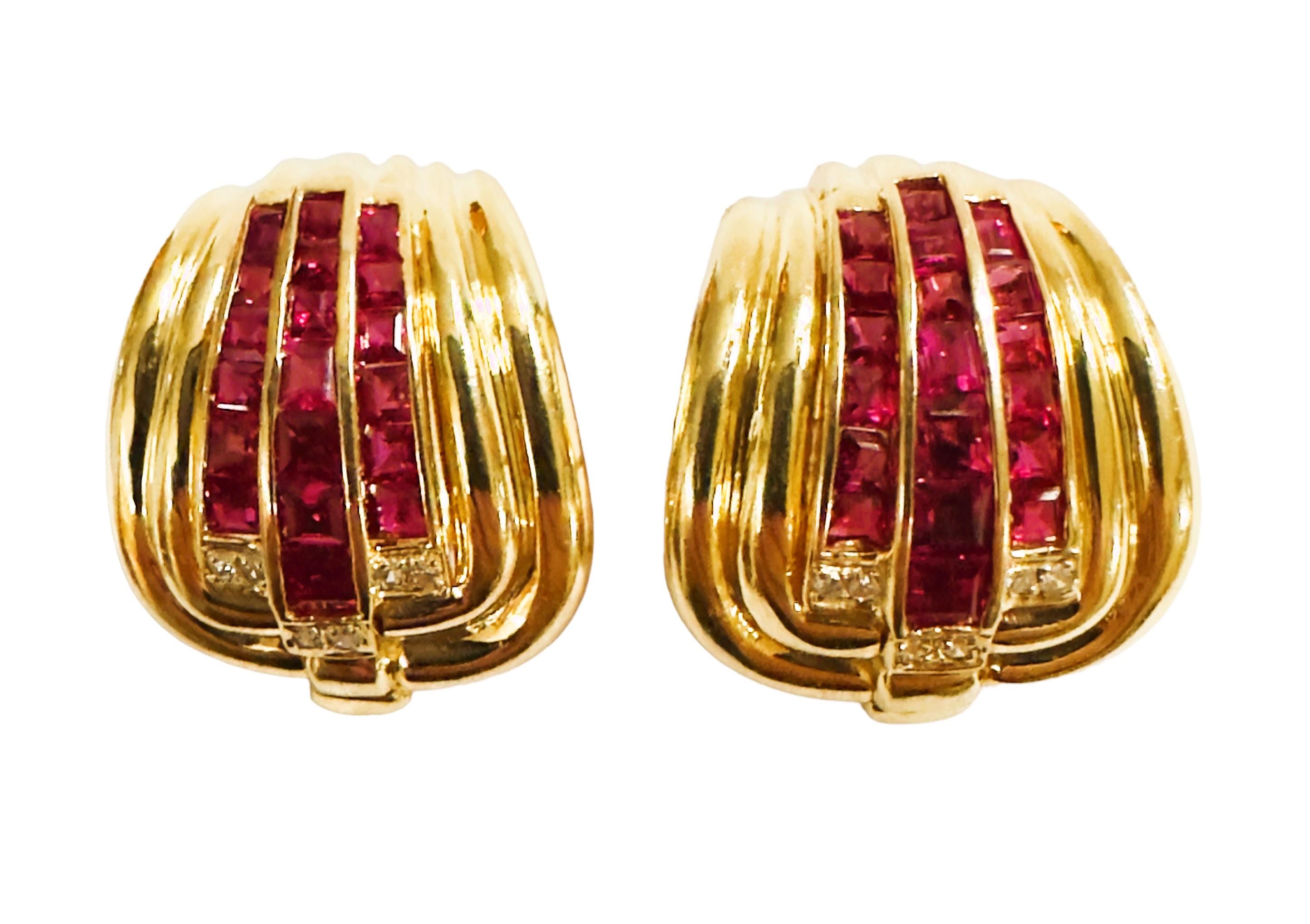 14k Yellow Gold Ruby and Diamond Earrings with Omega Backs & Appraisal In Excellent Condition In Eagan, MN