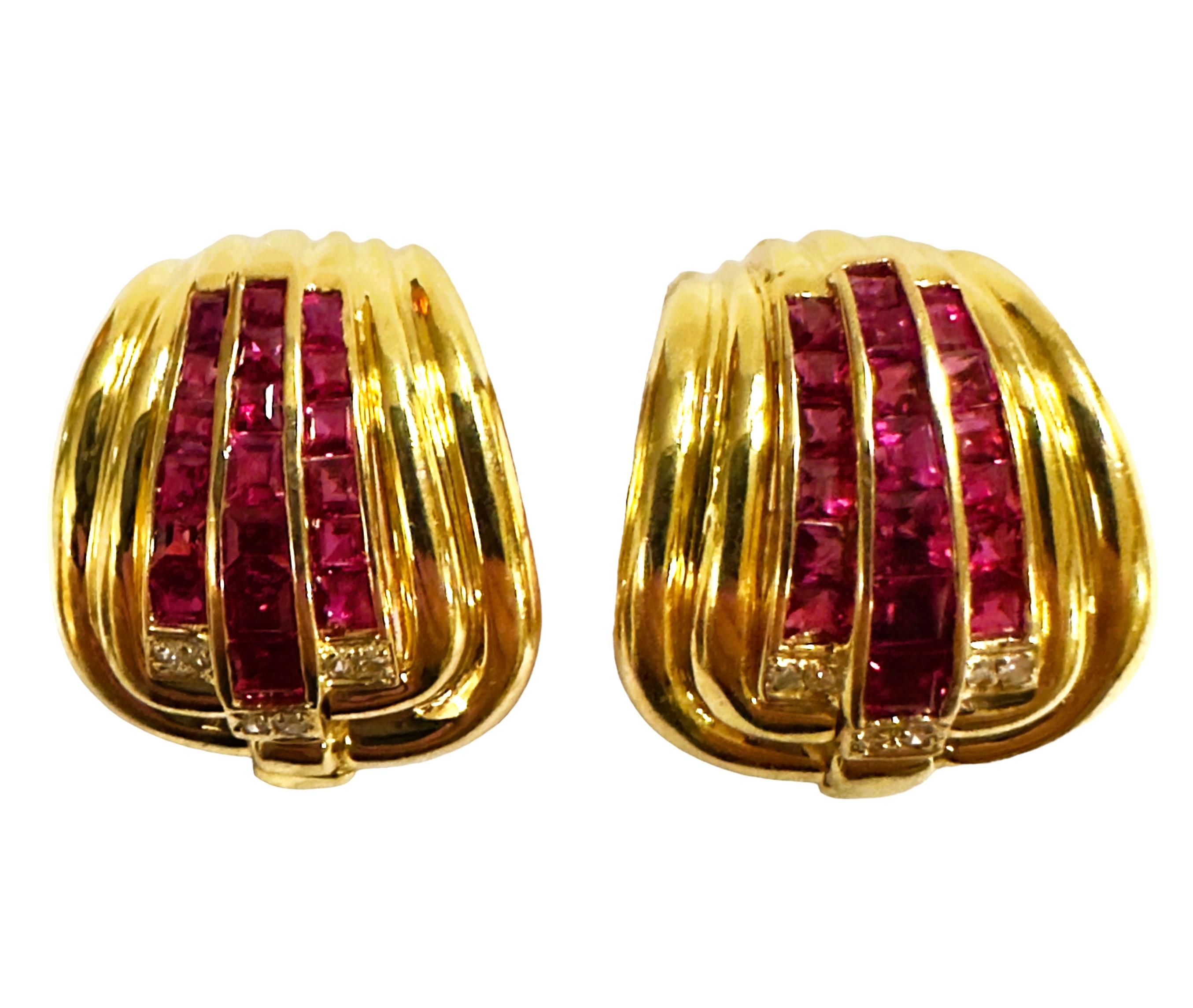 Women's 14k Yellow Gold Ruby and Diamond Earrings with Omega Backs & Appraisal
