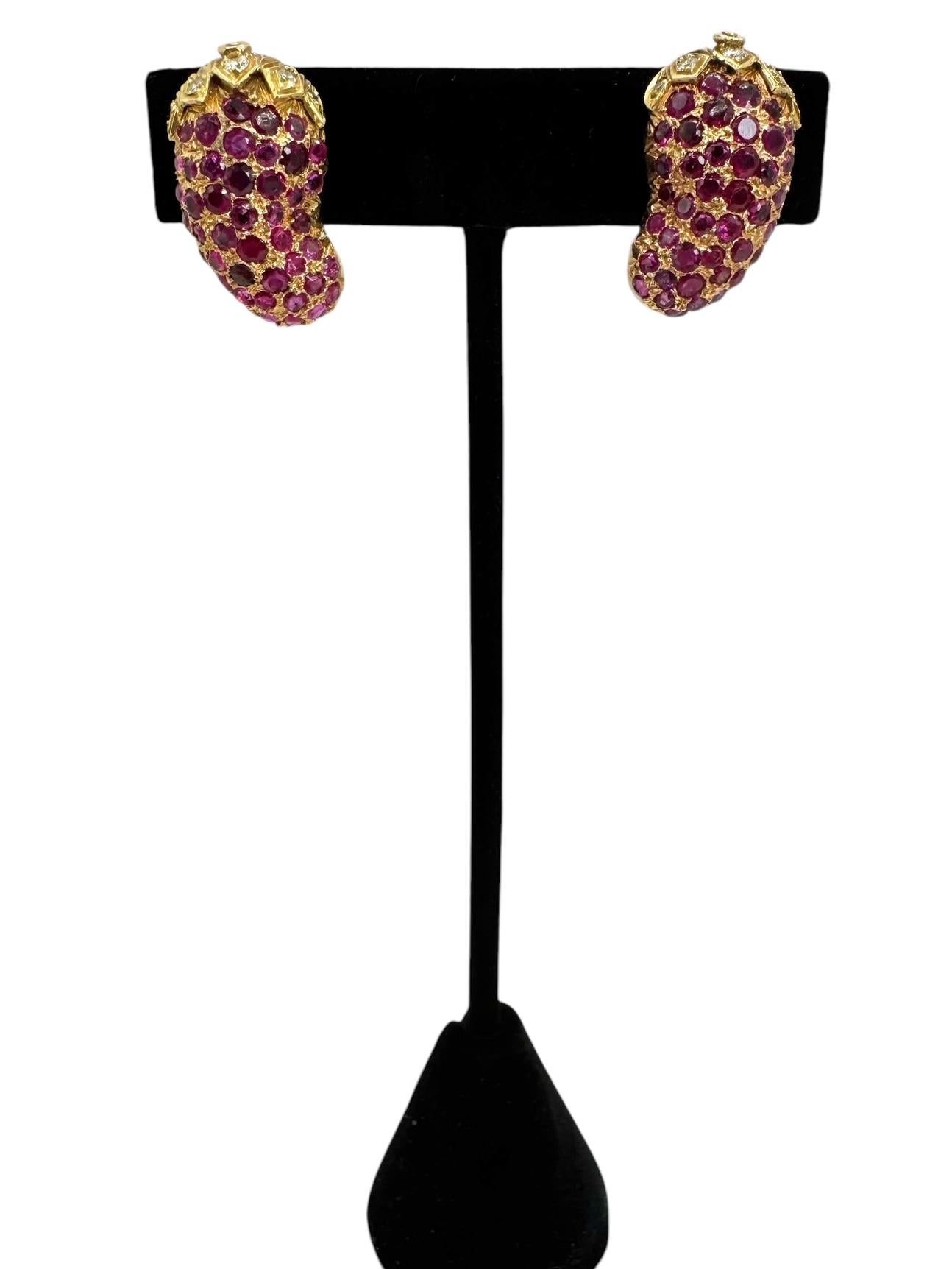 Brilliant Cut 14K Yellow Gold Ruby and Diamond Eggplant Clip on Earrings For Sale
