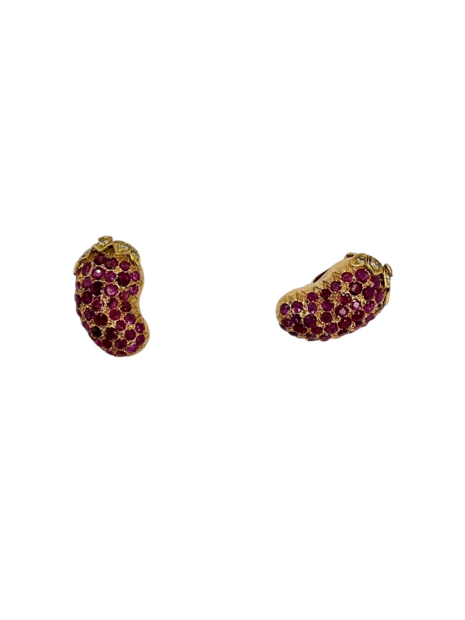 14K Yellow Gold Ruby and Diamond Eggplant Clip on Earrings In Excellent Condition For Sale In Great Neck Plaza, NY