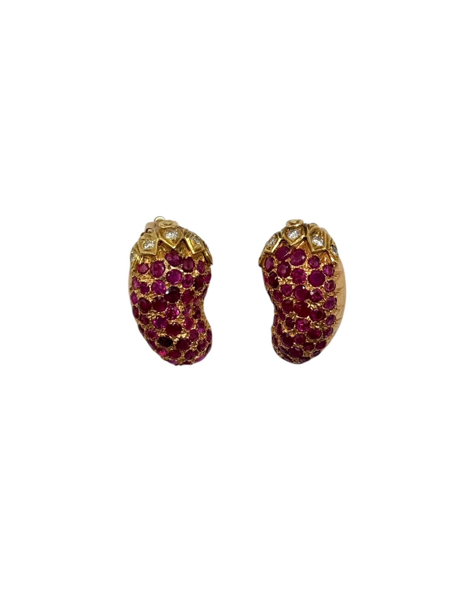 14K Yellow Gold Ruby and Diamond Eggplant Clip on Earrings For Sale 1