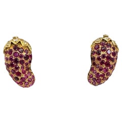 14K Yellow Gold Ruby and Diamond Eggplant Clip on Earrings