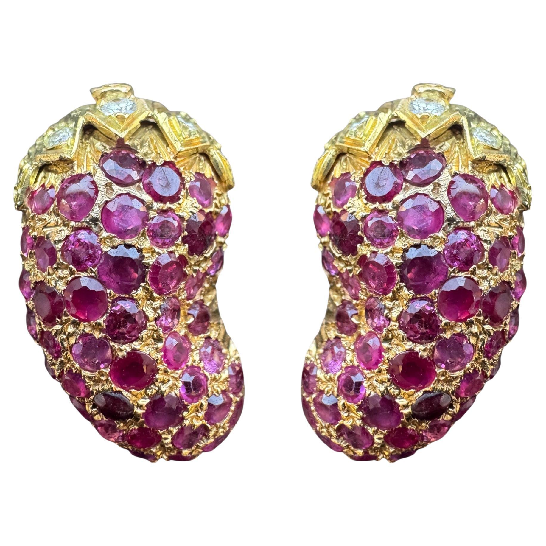 14K Yellow Gold Ruby and Diamond Eggplant Clip on Earrings For Sale