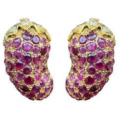 14K Yellow Gold Ruby and Diamond Eggplant Clip on Earrings