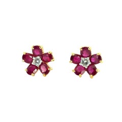 14k Yellow Gold Ruby and Diamond Flower Earrings