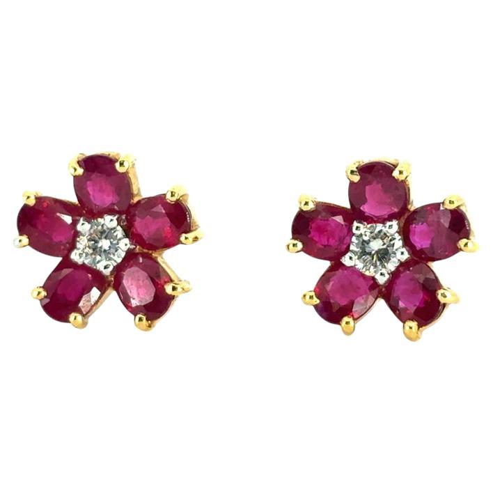 14k Yellow Gold Ruby and Diamond Flower Earrings