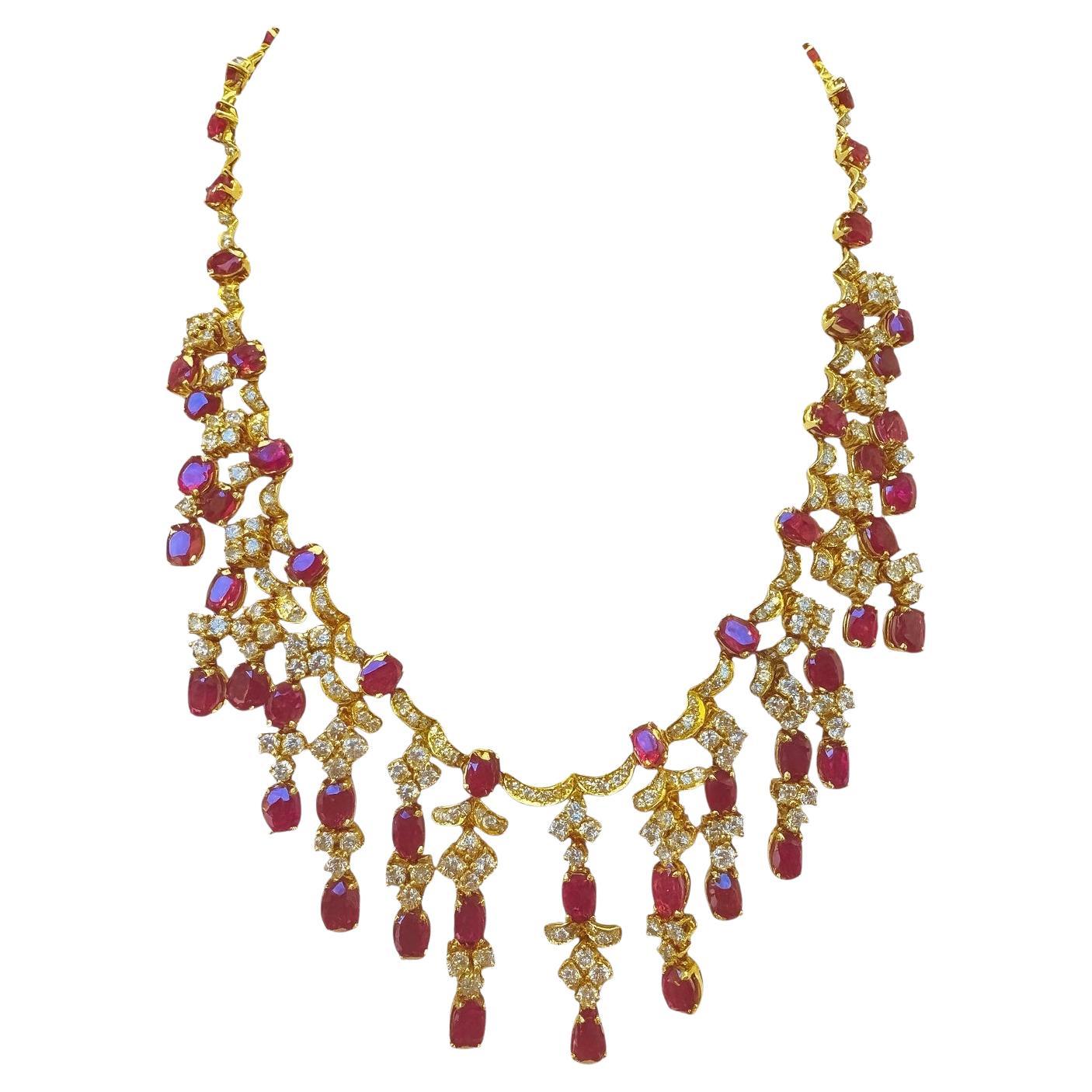Collier à franges en or jaune 14 carats, rubis et diamant