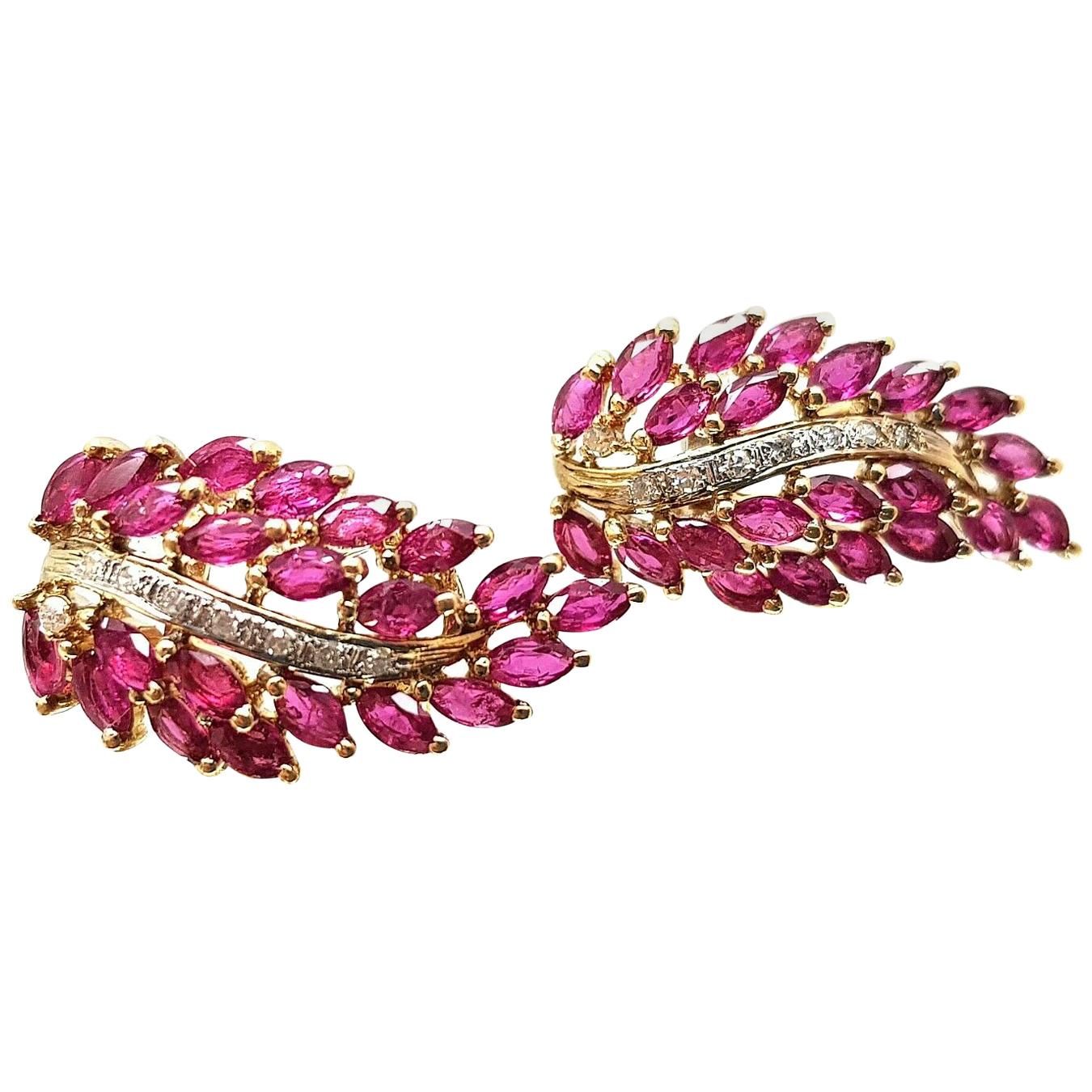 14 Karat Yellow Gold Ruby and Diamond "Leaf" Earrings