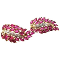 14 Karat Yellow Gold Ruby and Diamond "Leaf" Earrings