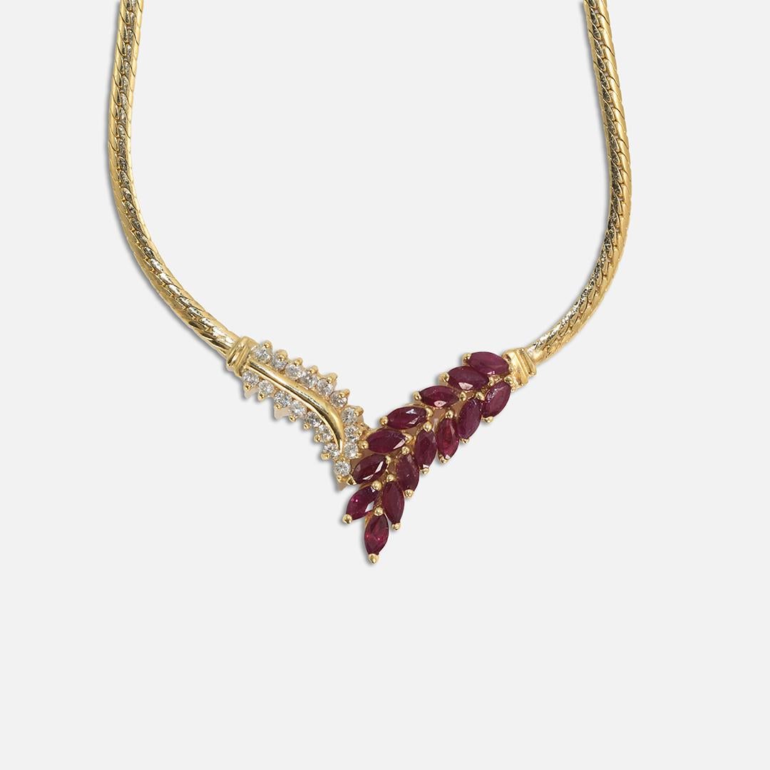 Marquise Cut 14K Yellow Gold Ruby and Diamond Necklace 1.50ct For Sale