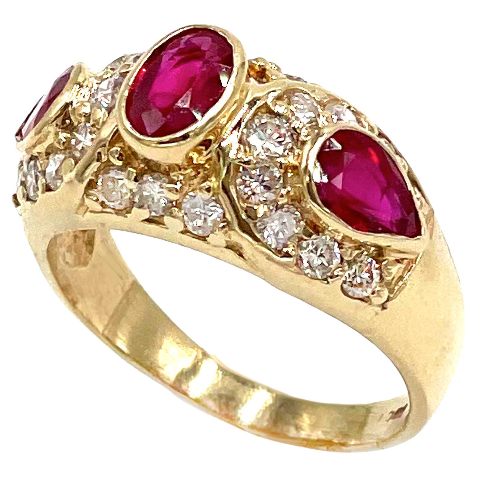 14K Yellow Gold Diamond Right Hand Ring with Oval and Pear-Shaped Rubies