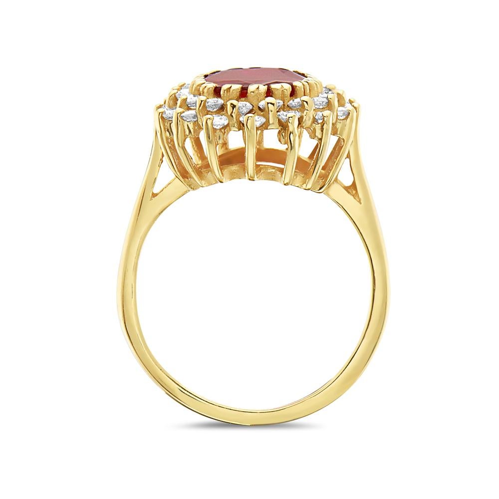 This ring features 2.20 carats of Ruby and 0.85 carats diamonds. 4.8 grams total weight set in 14K yellow gold. Made in Italy. Size 6 3/4. 

Viewings available in our NYC showroom by appointment.