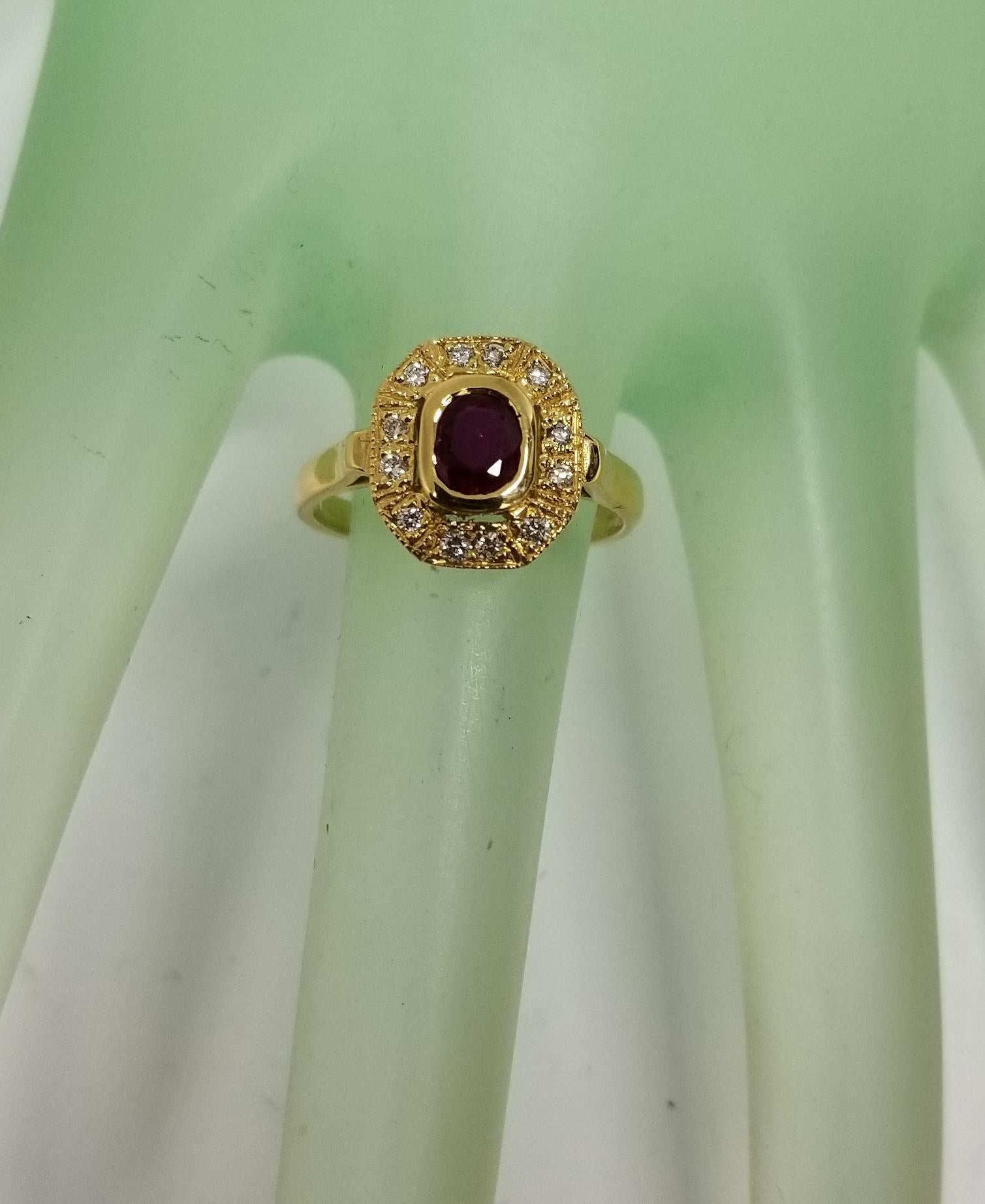 14 Karat Yellow Gold Ruby and Diamond Ring in an Art Deco Style Ring For Sale 1