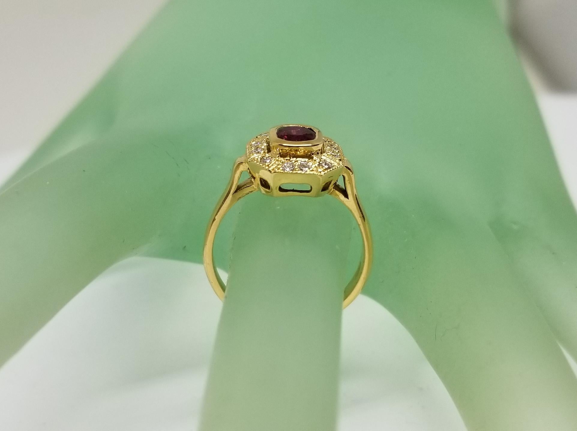 14 Karat Yellow Gold Ruby and Diamond Ring in an Art Deco Style Ring For Sale 2